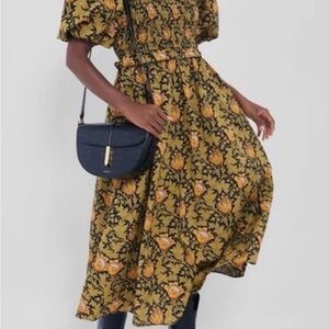 Tuckernuck Hyacinth House Classic Puff Sleeve Midi Dress in Olive, Gold & Black